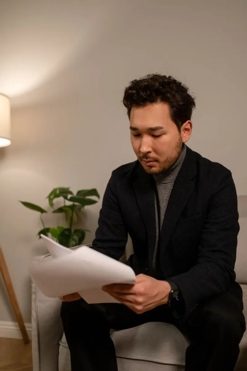 A person reviewing a printed document in warm editorial light